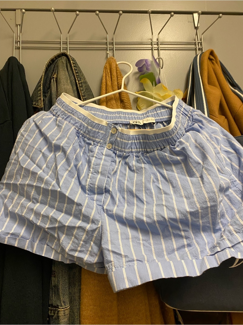 Zara Light Blue and White Striped Boxer Shorts - Size Small